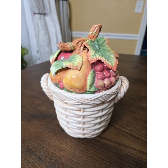 Fitz & Floyd Basket Weave Cookie Jar / Canister - Apple Plums Pear Grape 10 X 8 - Picture 2 of 16
